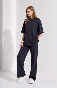 Navy Oversized T-Shirt & Wide Leg Seam Detail Trouser Two Piece Co-ord Set