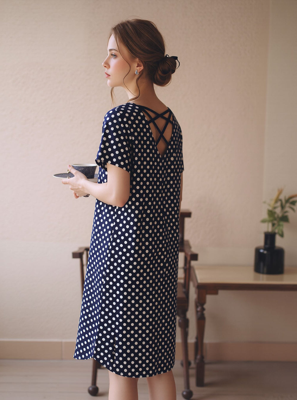 Navy Polka Dot A-Line Mini Dress with Short Sleeves Casual Loose Fit Summer Day Dress