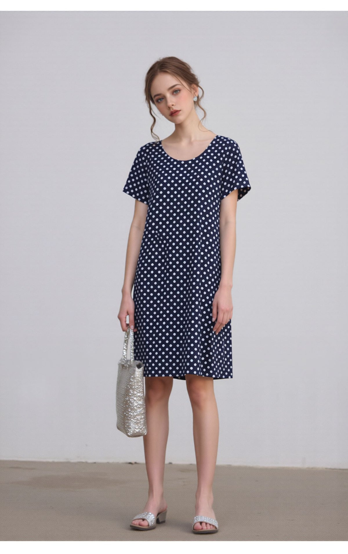 Navy Polka Dot A-Line Mini Dress with Short Sleeves Casual Loose Fit Summer Day Dress
