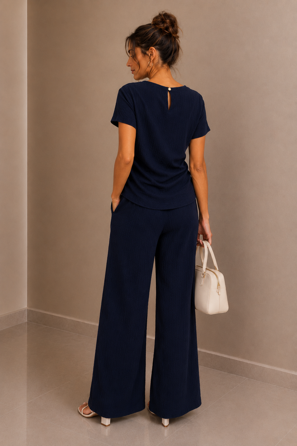 Navy Textured Drape Top & Wide Leg Trouser Co-Ord Set Elegant Two Piece Outfit