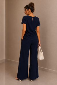 Navy Textured Drape Top & Wide Leg Trouser Co-Ord Set Elegant Two Piece Outfit