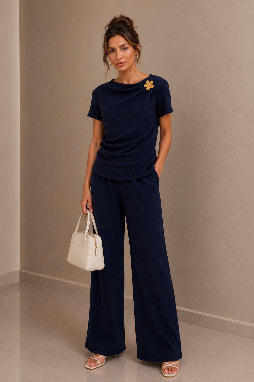 Navy Textured Drape Top & Wide Leg Trouser Co-Ord Set Elegant Two Piece Outfit