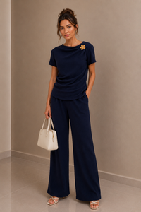 Navy Textured Drape Top & Wide Leg Trouser Co-Ord Set Elegant Two Piece Outfit