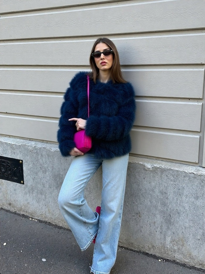 Navy Thick Faux Fur Paneled Layered Jacket