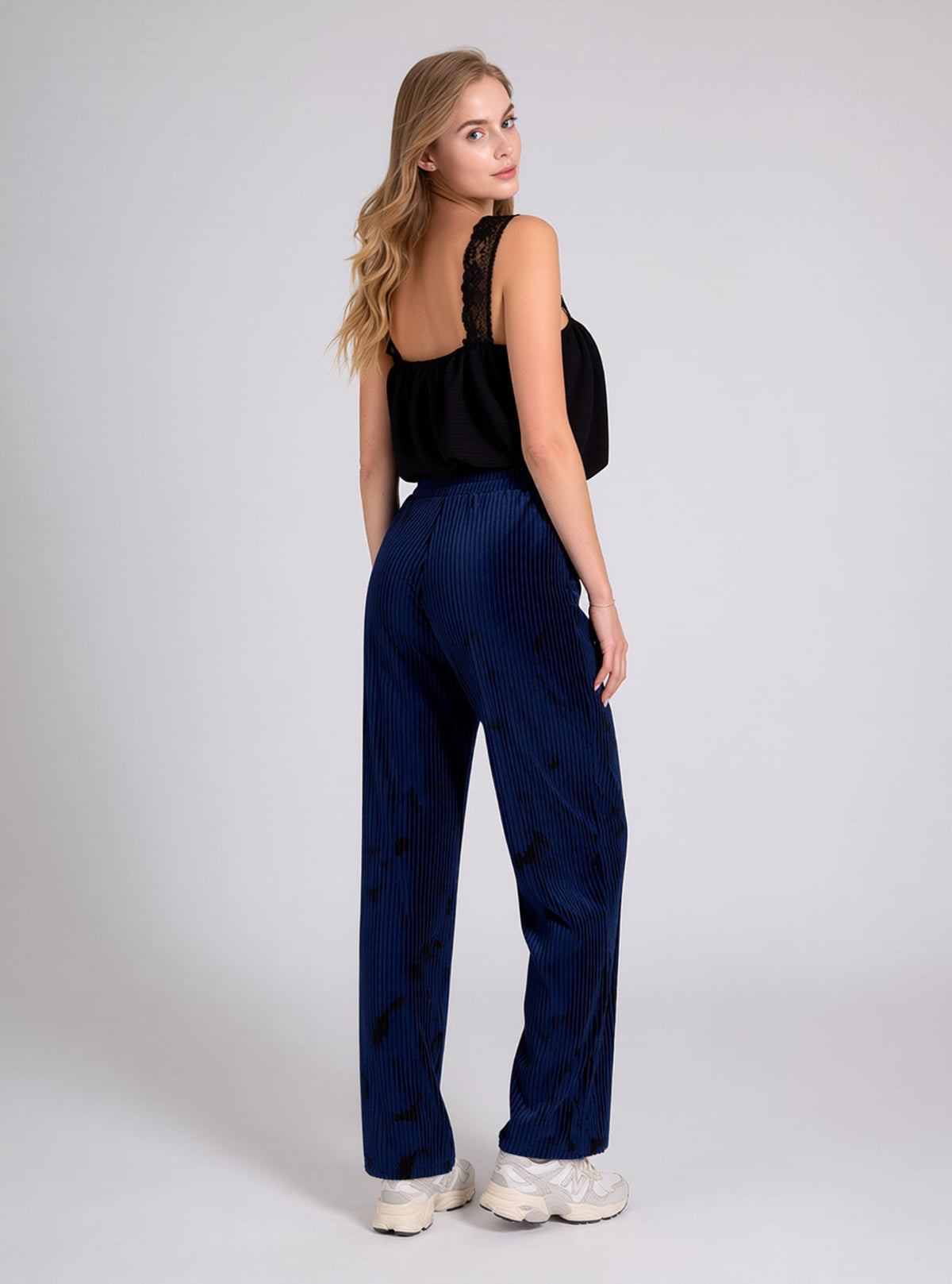 Navy Tie Dye Print Crinkle Pleated Wide Leg Trousers