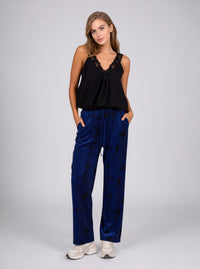 Navy Tie Dye Print Crinkle Pleated Wide Leg Trousers