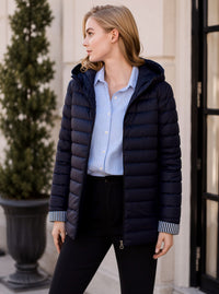 Navy Waterproof & Windproof Hooded Padded Jacket with Stripe Detail