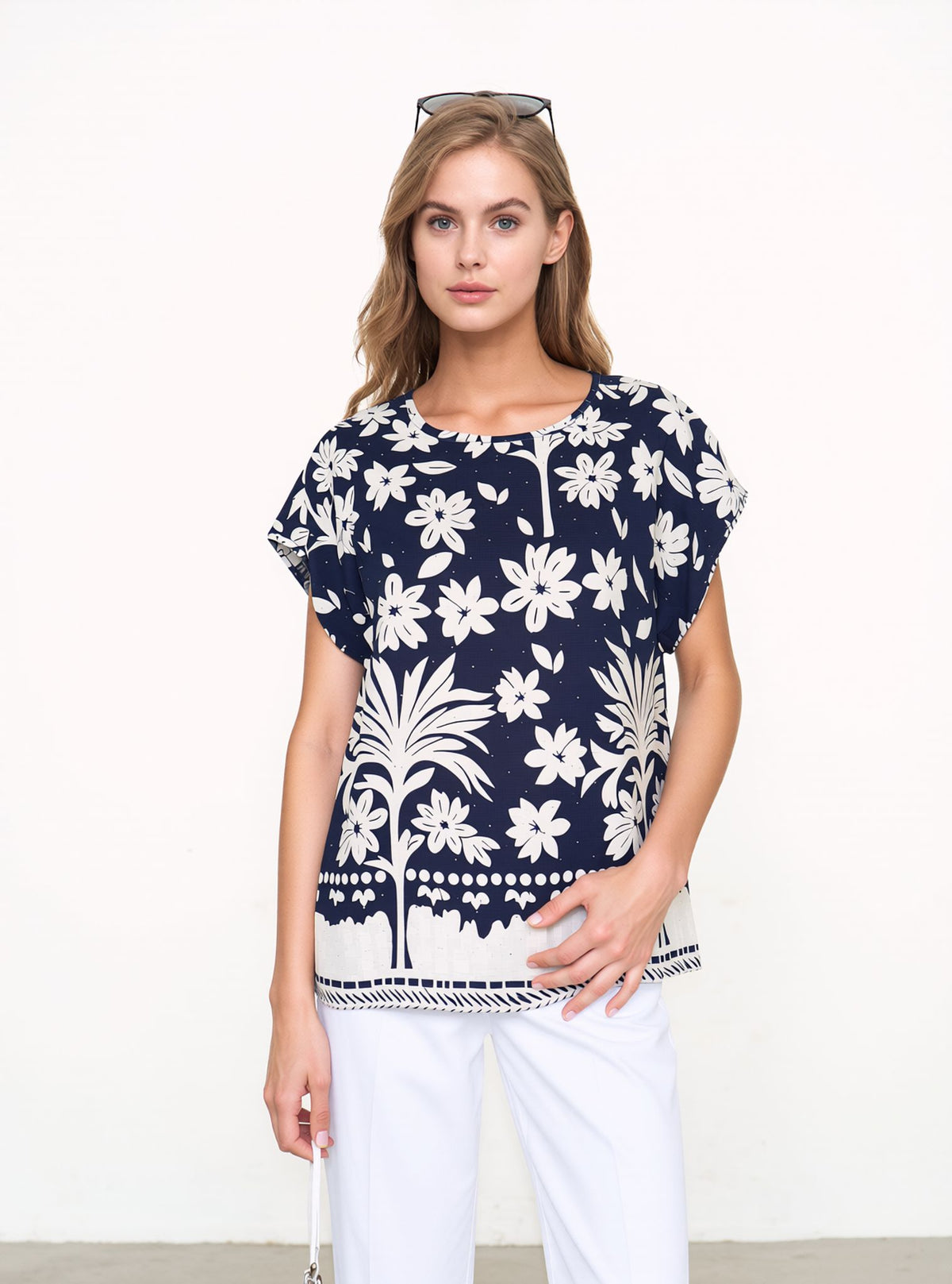 Navy & White Floral Print Oversized Blouse Lightweight Casual Summer Cotton Rich Top