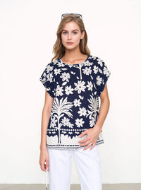 Navy & White Floral Print Oversized Blouse Lightweight Casual Summer Cotton Rich Top