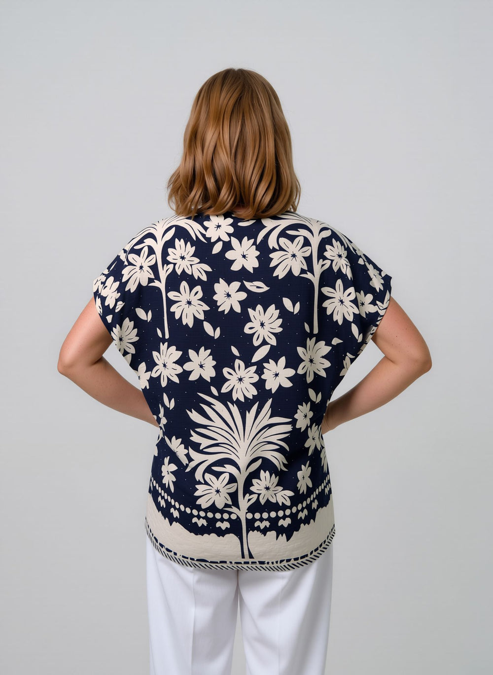 Navy & White Floral Print Oversized Blouse Lightweight Casual Summer Cotton Rich Top