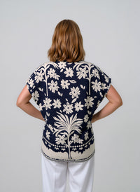 Navy & White Floral Print Oversized Blouse Lightweight Casual Summer Cotton Rich Top