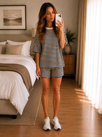 Navy & White Striped Lounge Co-Ord Set Oversized T-Shirt & Drawstring Shorts Two Piece Outfit