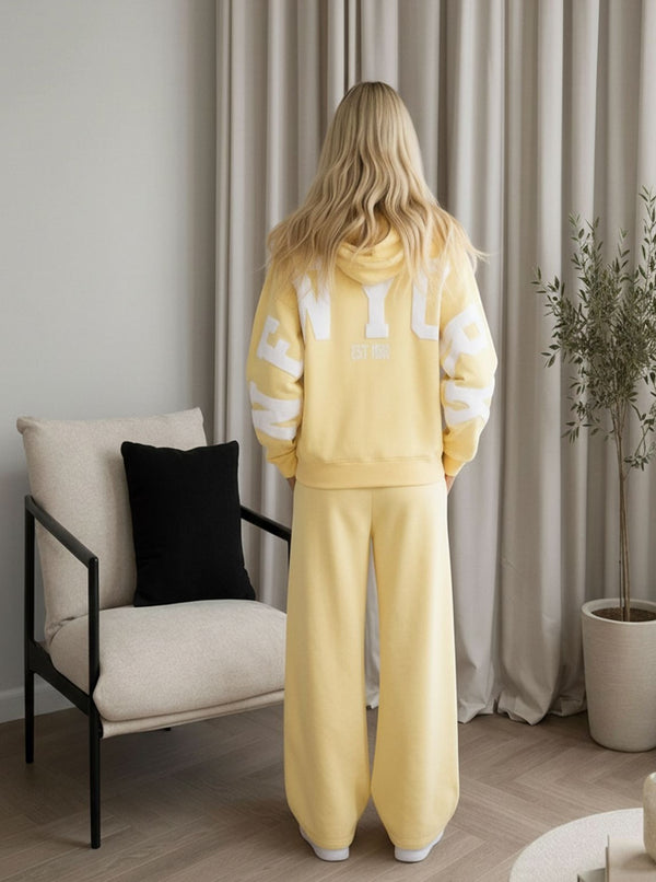 Yellow Hoodie & Sweatpants Set – Oversized Fleece “New York” Lounge Tracksuit with Wide Leg Pants