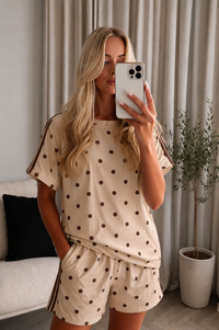 Women's Cream & Black Polka Dot Co-ord Set with Striped Sleeves & Shorts - Casual Two-Piece Loungewear Outfit