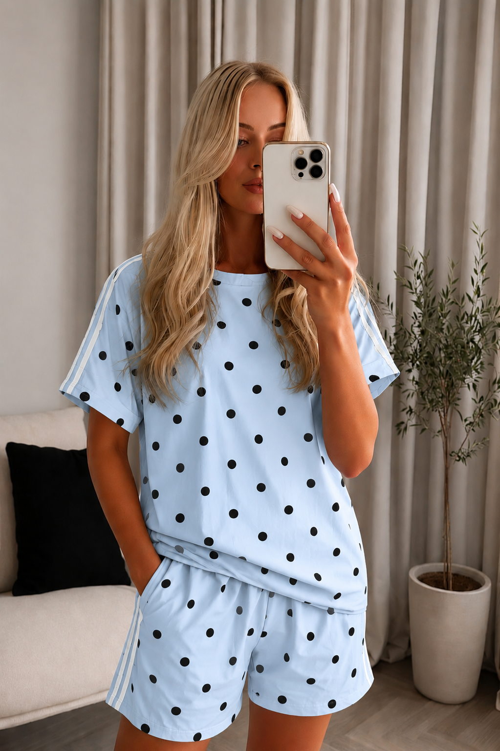 Women's Polka Dot Co-Ord Set - Light Blue Two-Piece Outfit with Black Stripe Sleeves & Shorts | Casual Lounge Wear