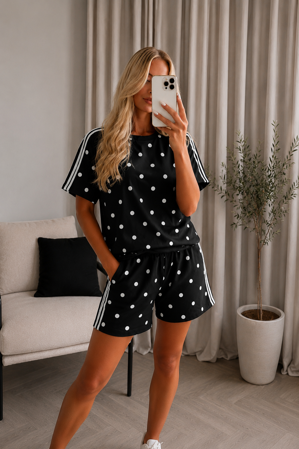 Women's Black Polka Dot Co-ord Set Two-Piece Outfit with White Stripe Detail T-Shirt & Shorts - Casual Lounge Wear