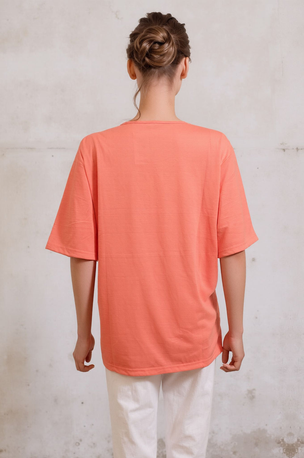 Orange Embroidered Neck Detail Casual Short Sleeve Top