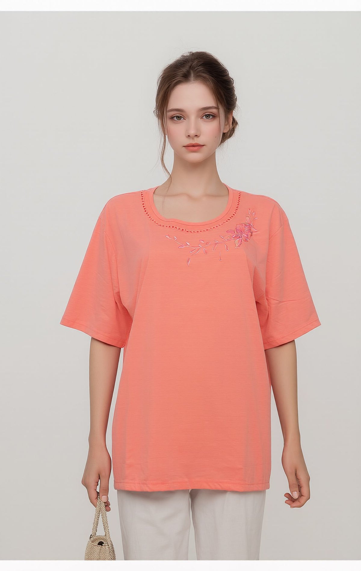 Orange Embroidered Neck Detail Casual Short Sleeve Top