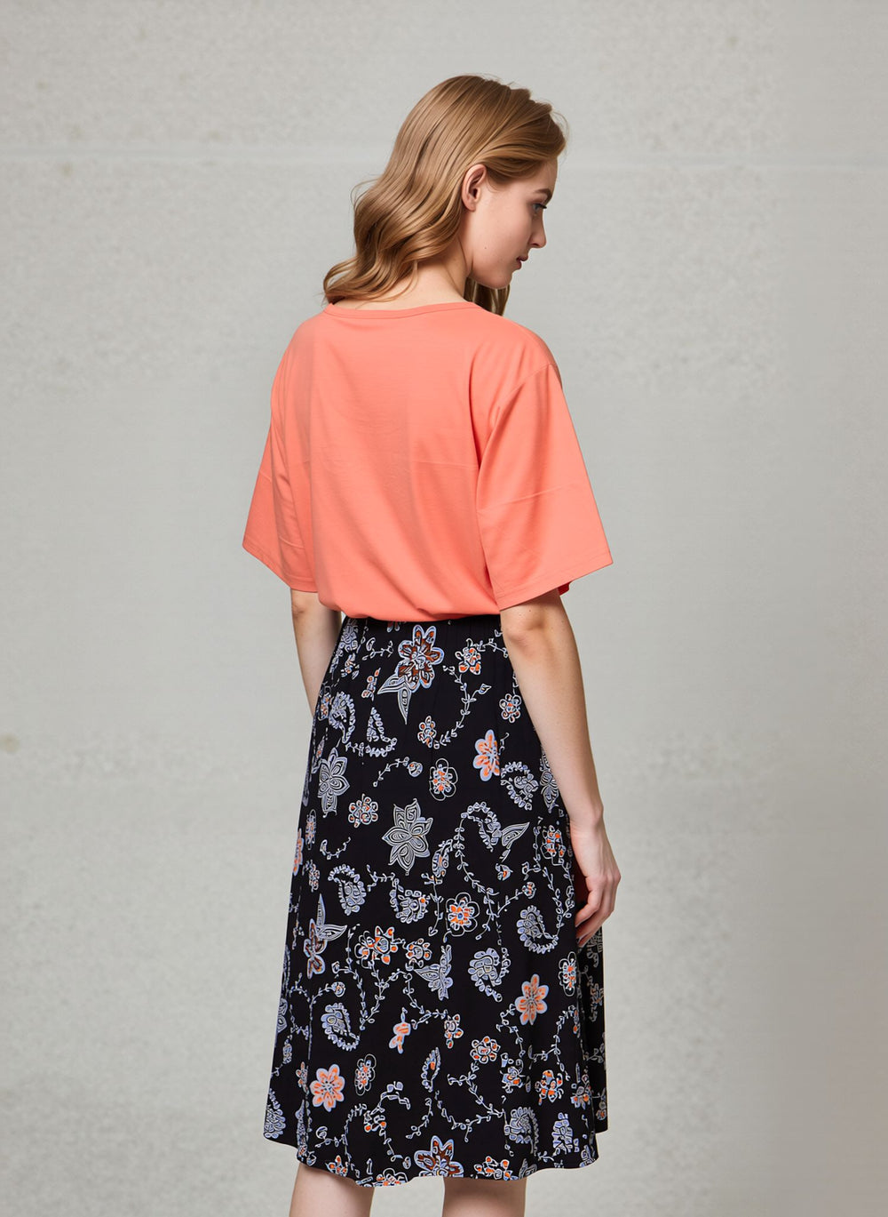 Orange Floral Print Midi Skirt Elegant Women’s Pull-On Skirt
