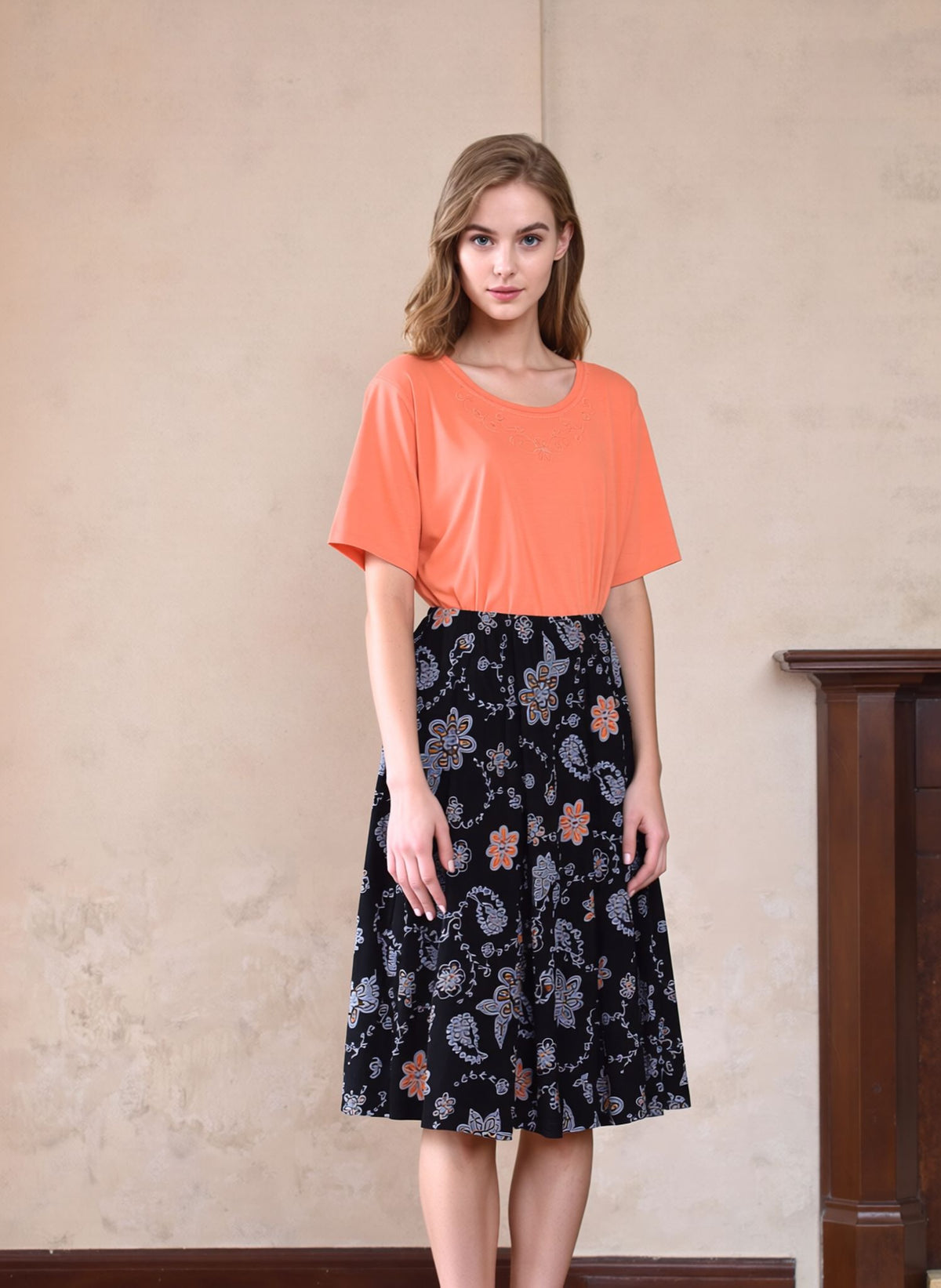 Orange Floral Print Midi Skirt Elegant Women’s Pull-On Skirt