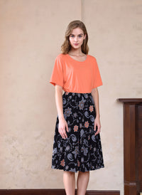 Orange Floral Print Midi Skirt Elegant Women’s Pull-On Skirt