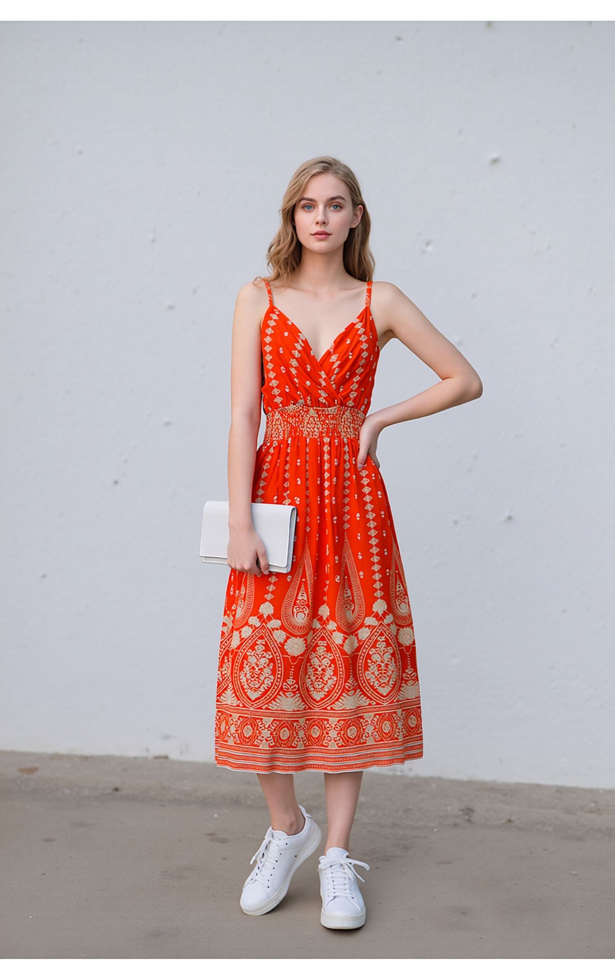 Orange & Gold Bohemian Print Sleeveless Midi Dress with Smocked Waist