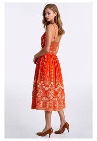 Orange & Gold Bohemian Print Sleeveless Midi Dress with Smocked Waist