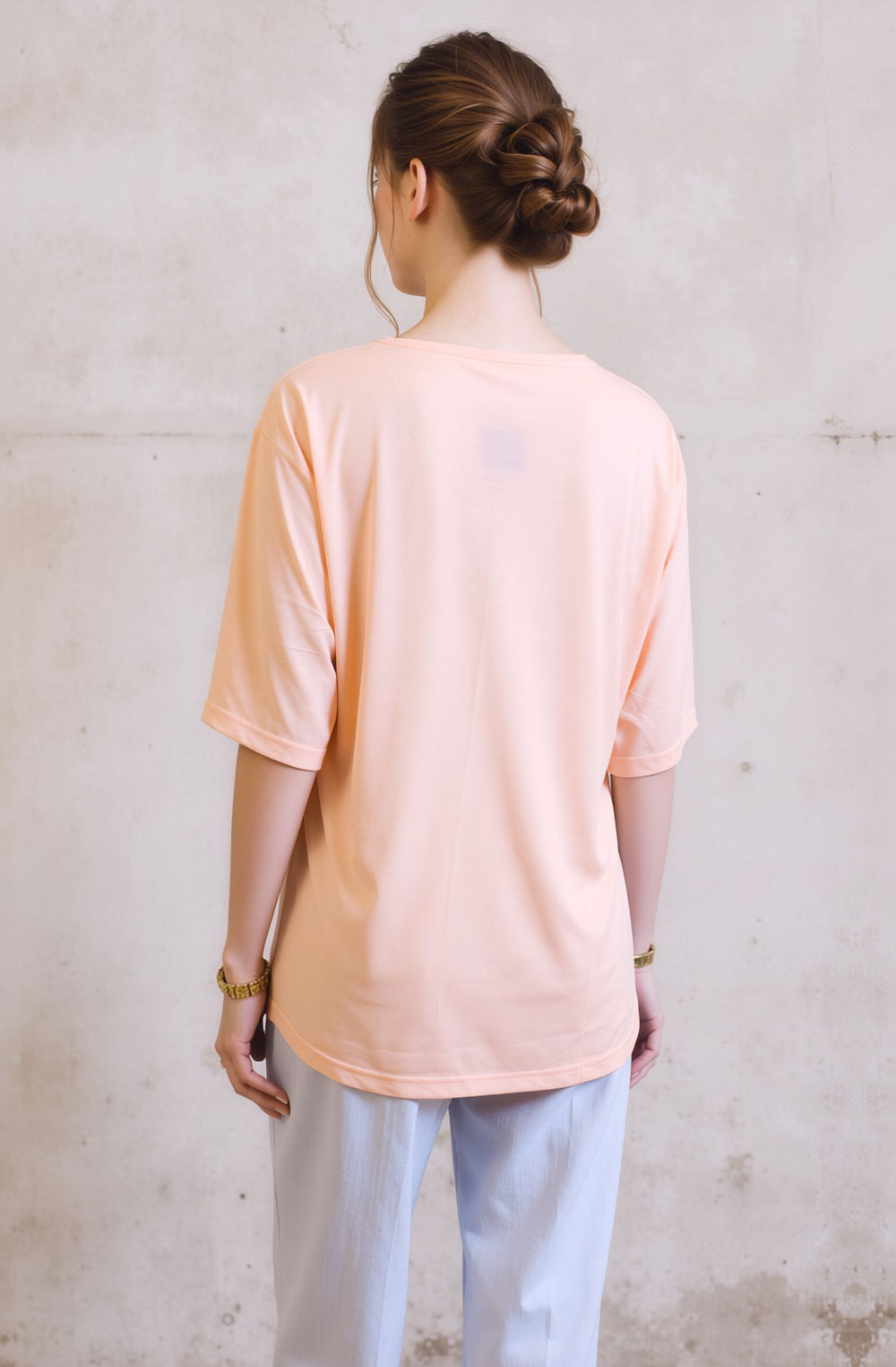 Peach Embroidered Neck Detail Casual Short Sleeve Top