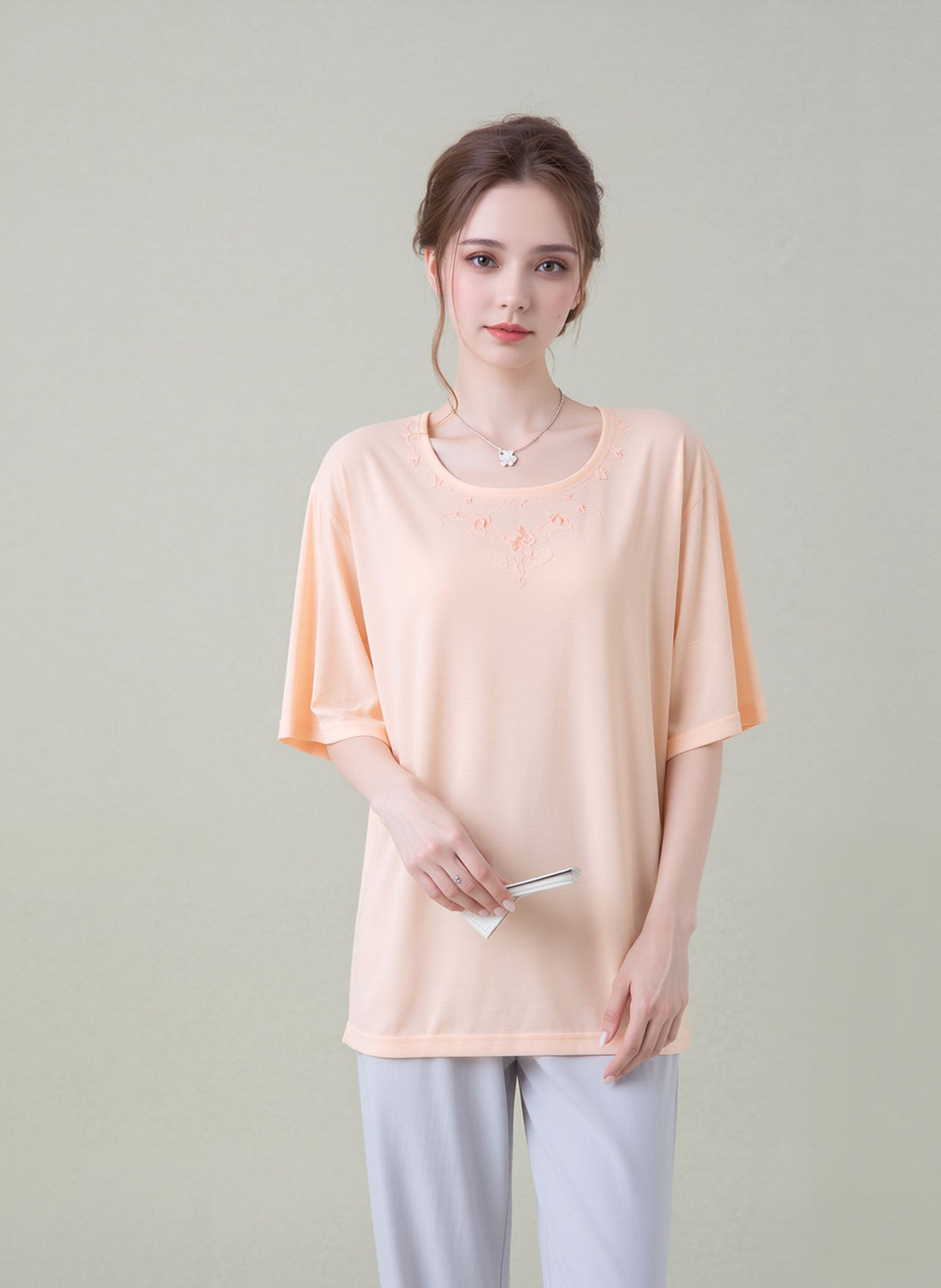 Peach Embroidered Neck Detail Casual Short Sleeve Top