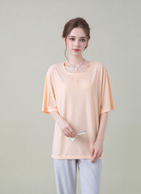 Peach Embroidered Neck Detail Casual Short Sleeve Top
