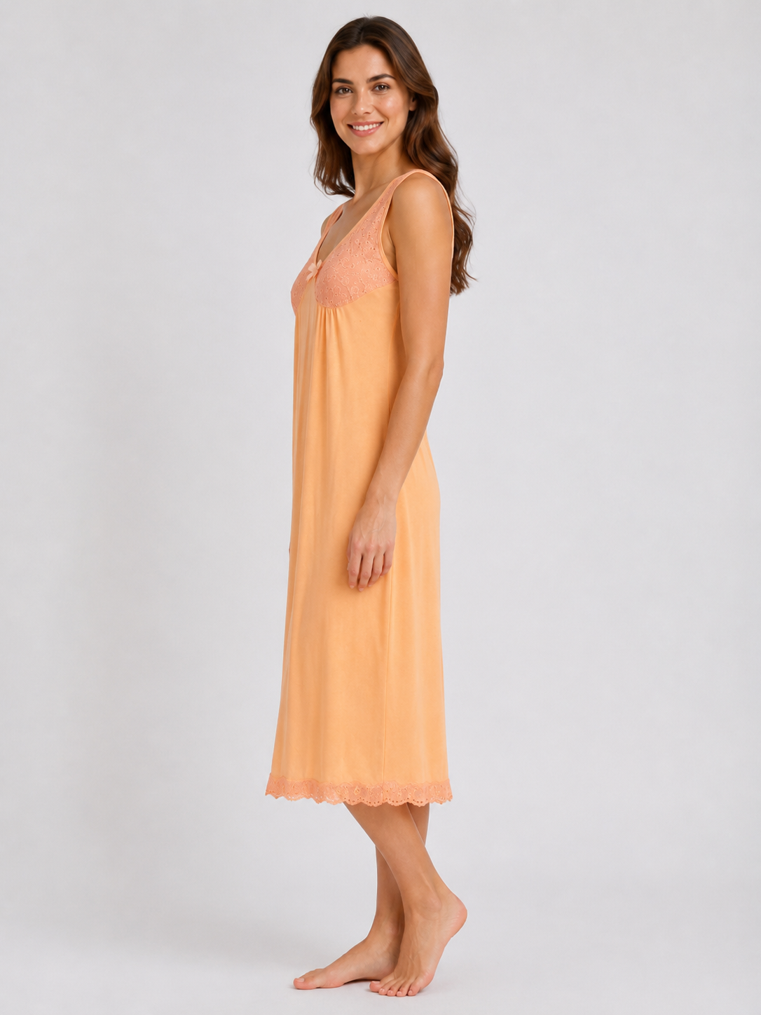 Peach Lace Trim Sleeveless Soft Comfortable Midi Length Nightdress