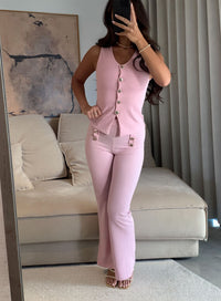 Pink Button Waistcoat Top & Wide Leg Trouser Co-ord Set