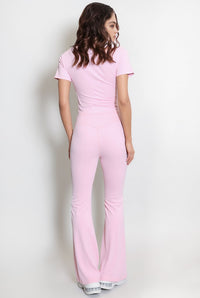 Pink Contour Seam Detail Zip Top & Flares Gym Set