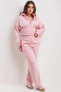 Pink Corset Cropped Zip-Up Hoodie & Wide Leg Joggers Loungewear Set