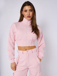 Pink Cropped Jacket & Cargo Pants Set - Women's Loungewear