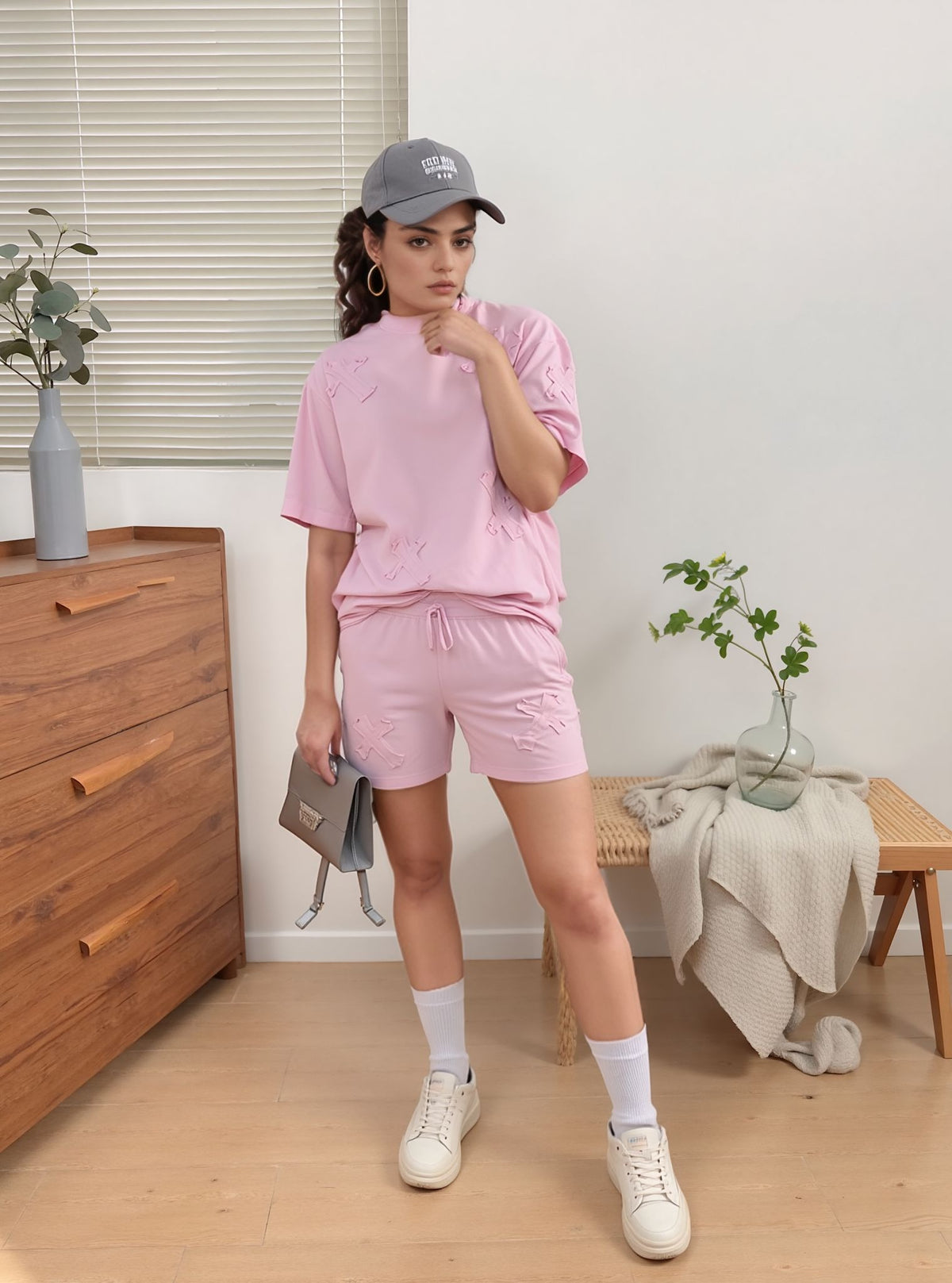 Pink Cross Embroidered T-Shirt & Shorts Co-ord