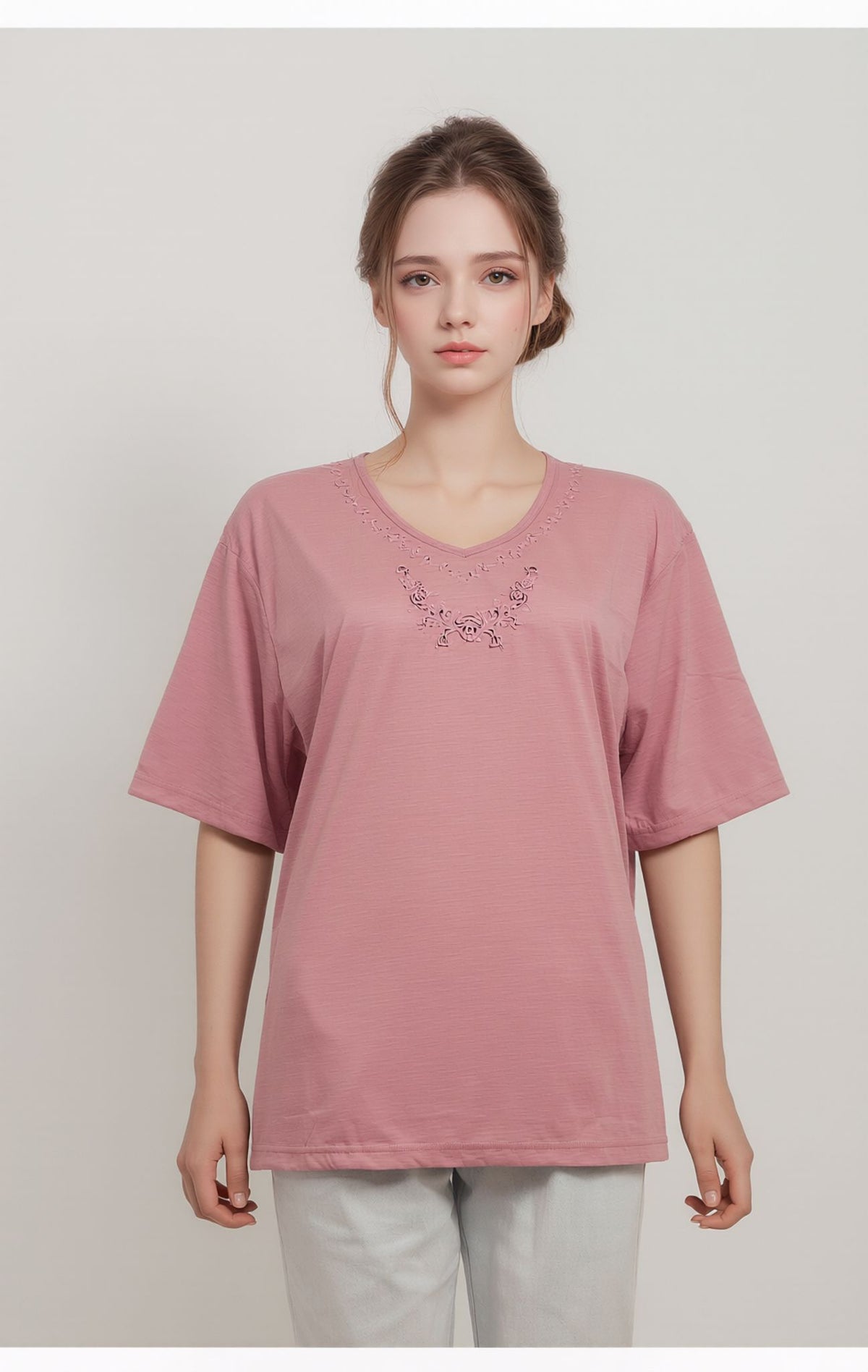 Pink Embroidered Neck Detail Casual Short Sleeve Top
