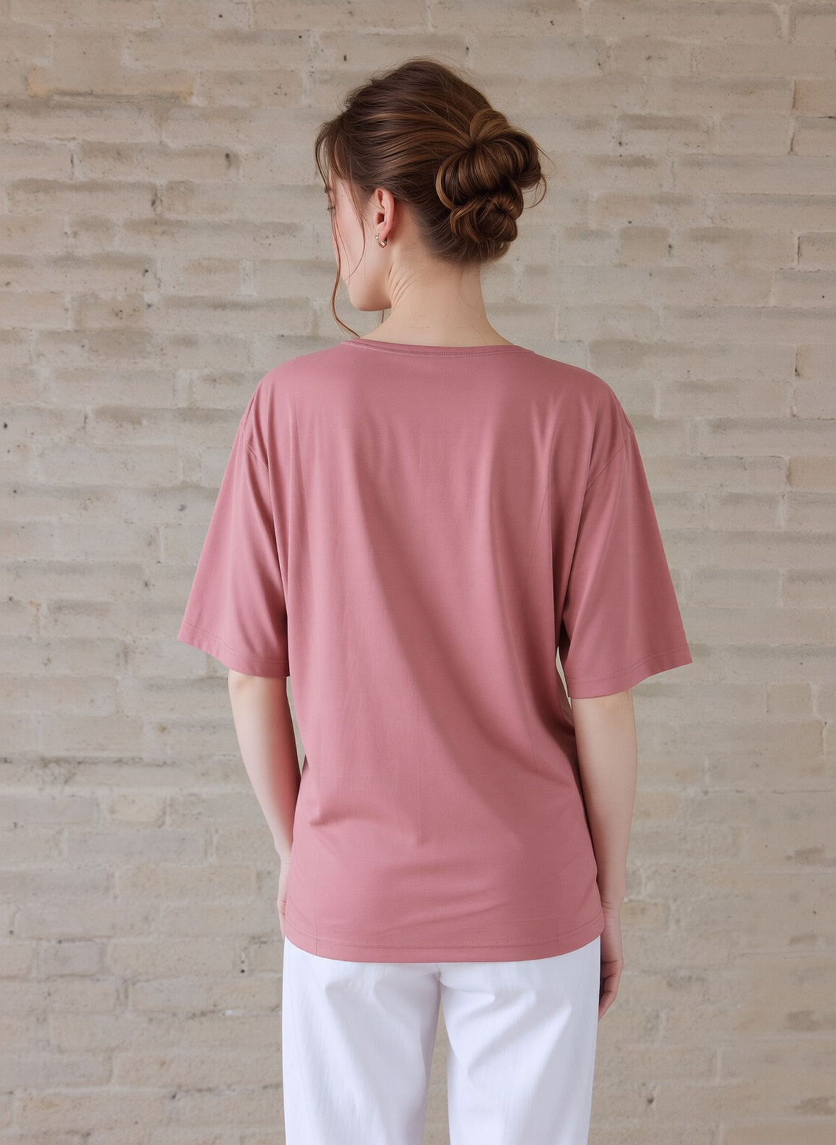 Pink Embroidered Neck Detail Casual Short Sleeve Top