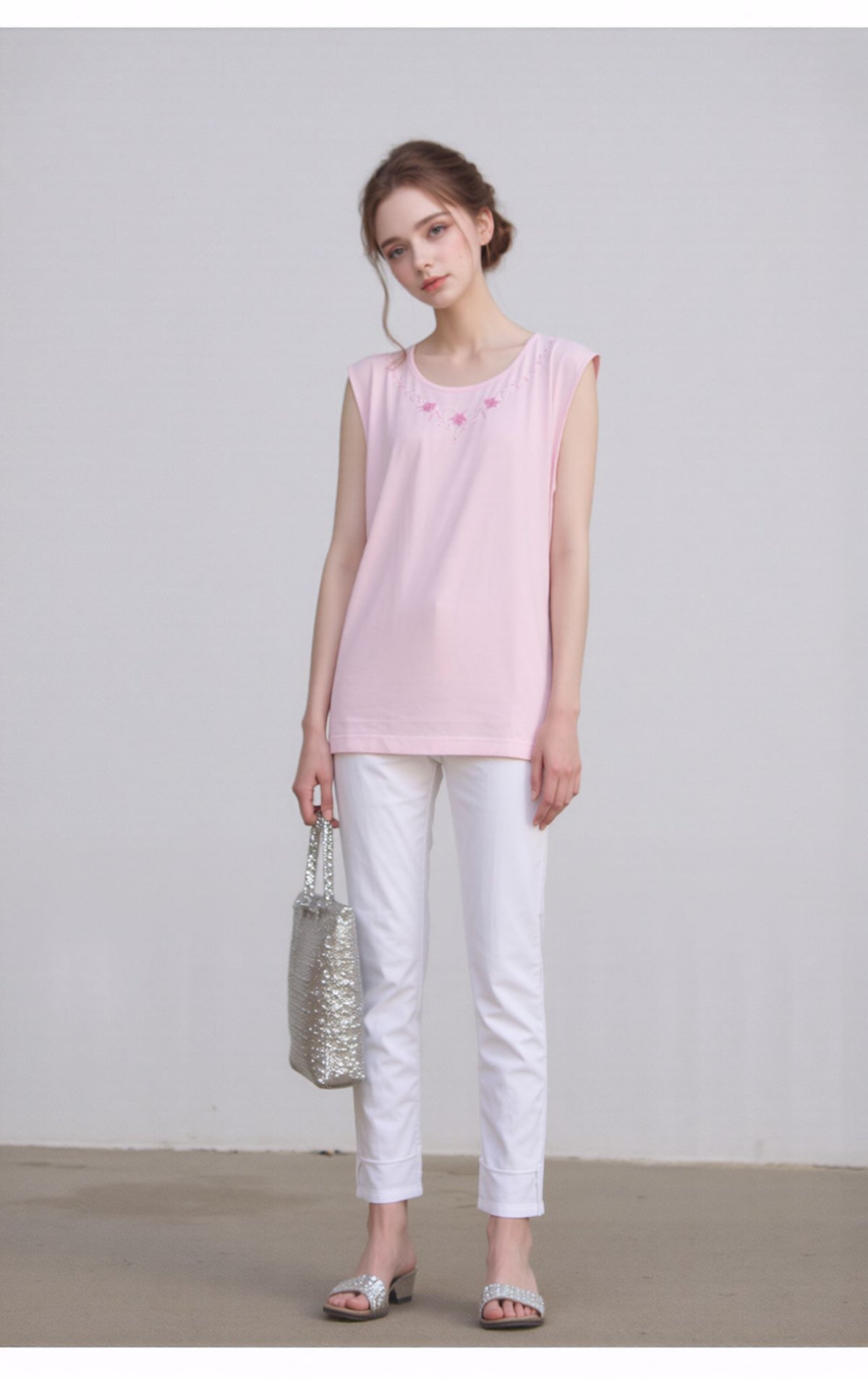 Pink Embroidered Sleeveless Top Relaxed Fit Casual Summer Blouse