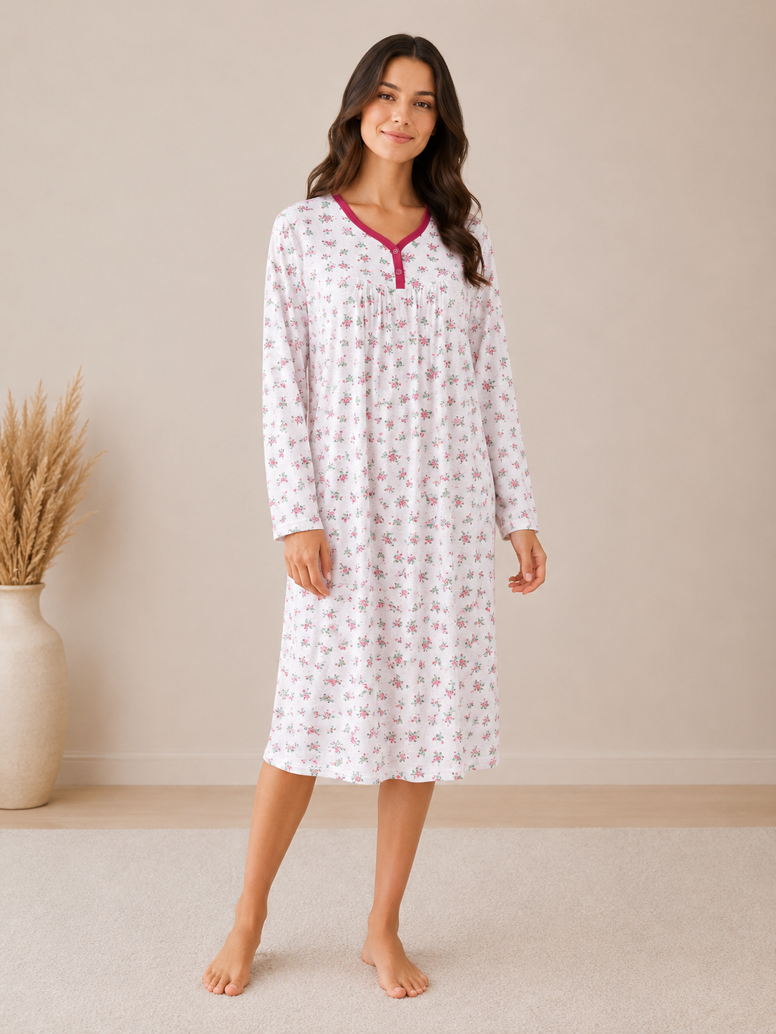 Pink Floral Long Sleeve Nightdress Soft Comfortable Relaxed Fit Sleepwear