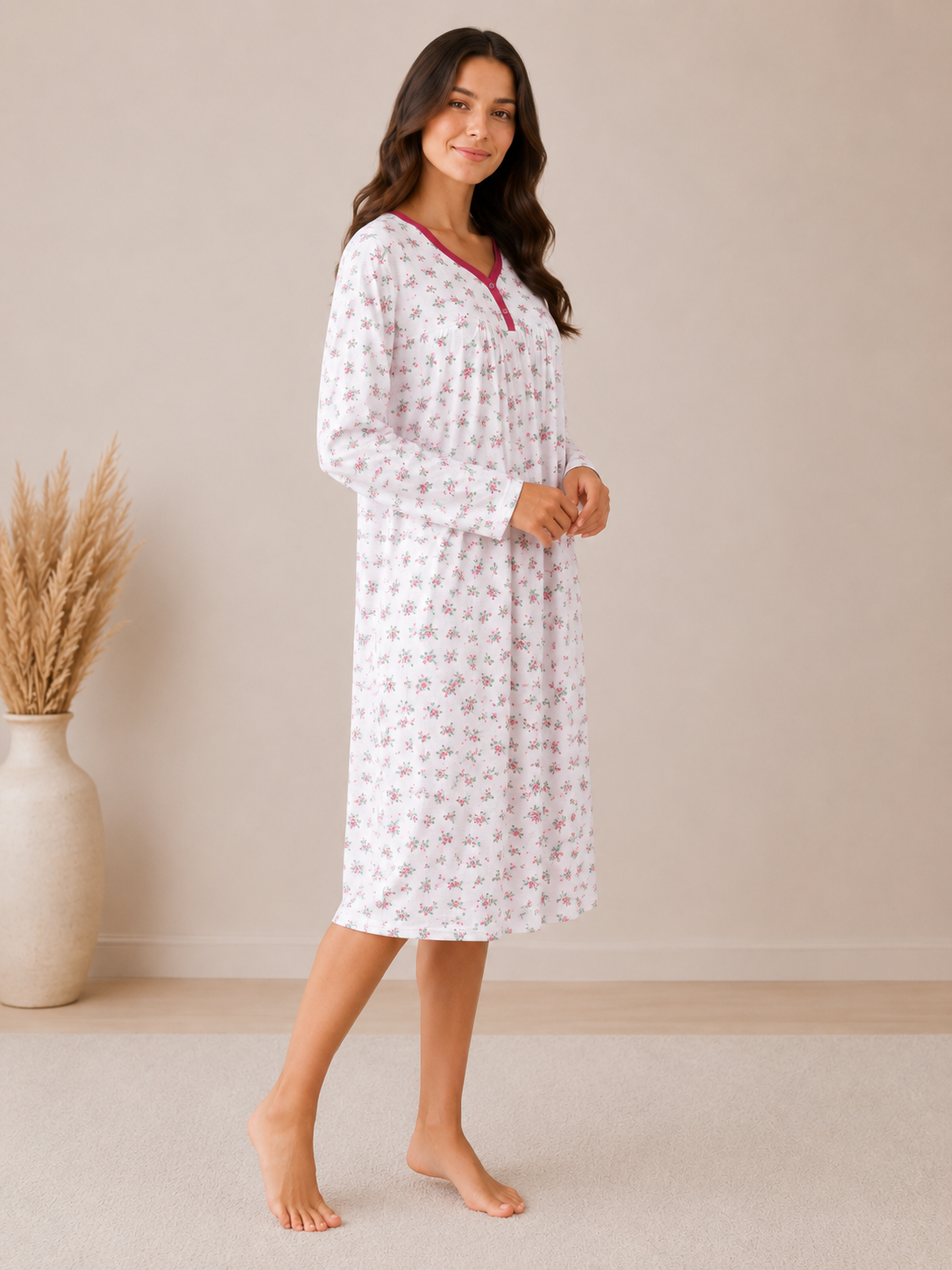 Pink Floral Long Sleeve Nightdress Soft Comfortable Relaxed Fit Sleepwear