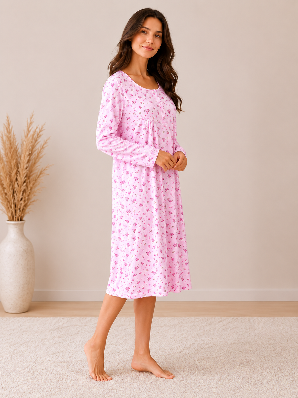 Pink Floral Long Sleeve Nightdress Soft Relaxed Fit Sleepwear Nightgown