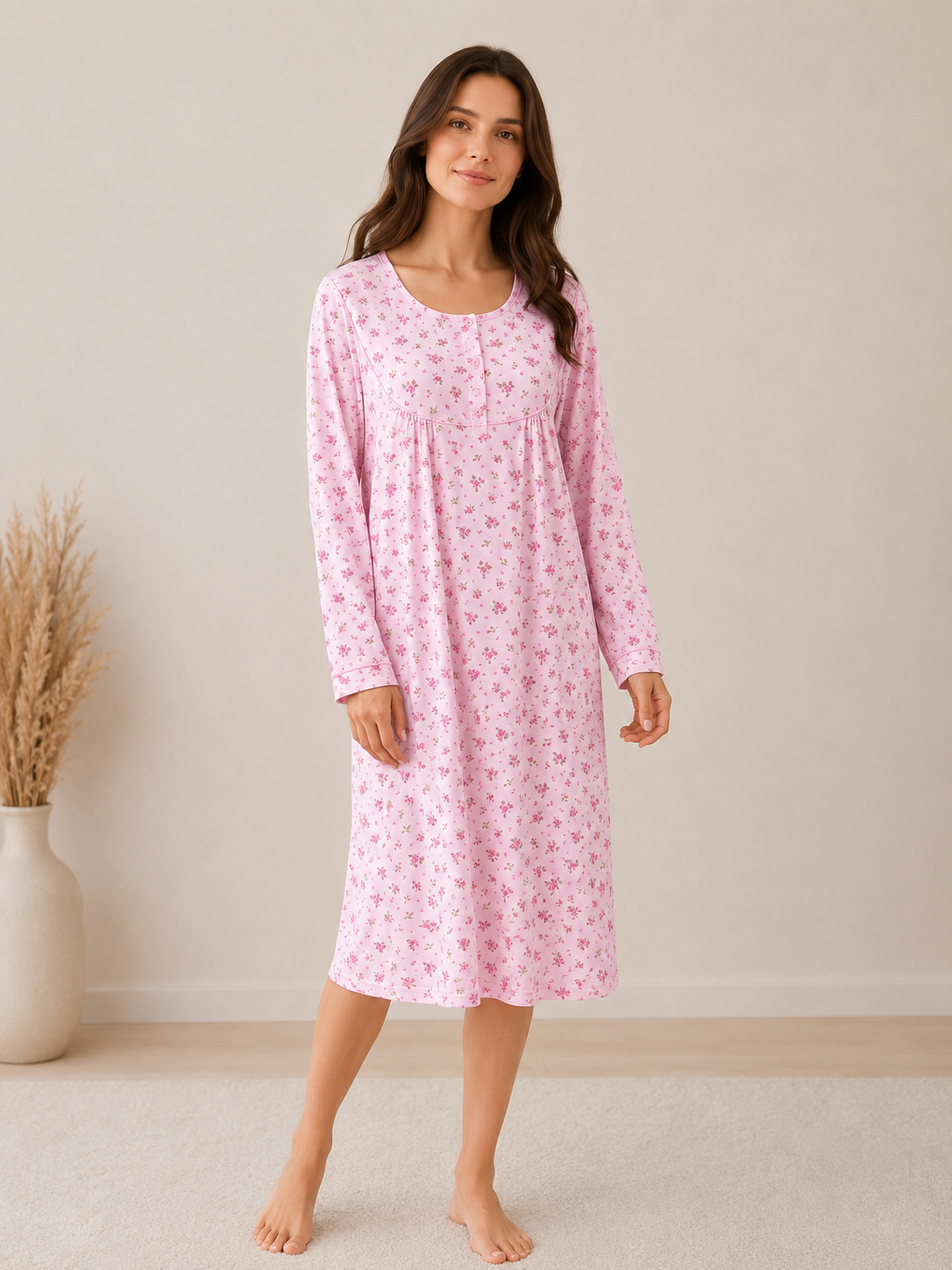 Pink Floral Long Sleeve Nightdress Soft Relaxed Fit Sleepwear Nightgown