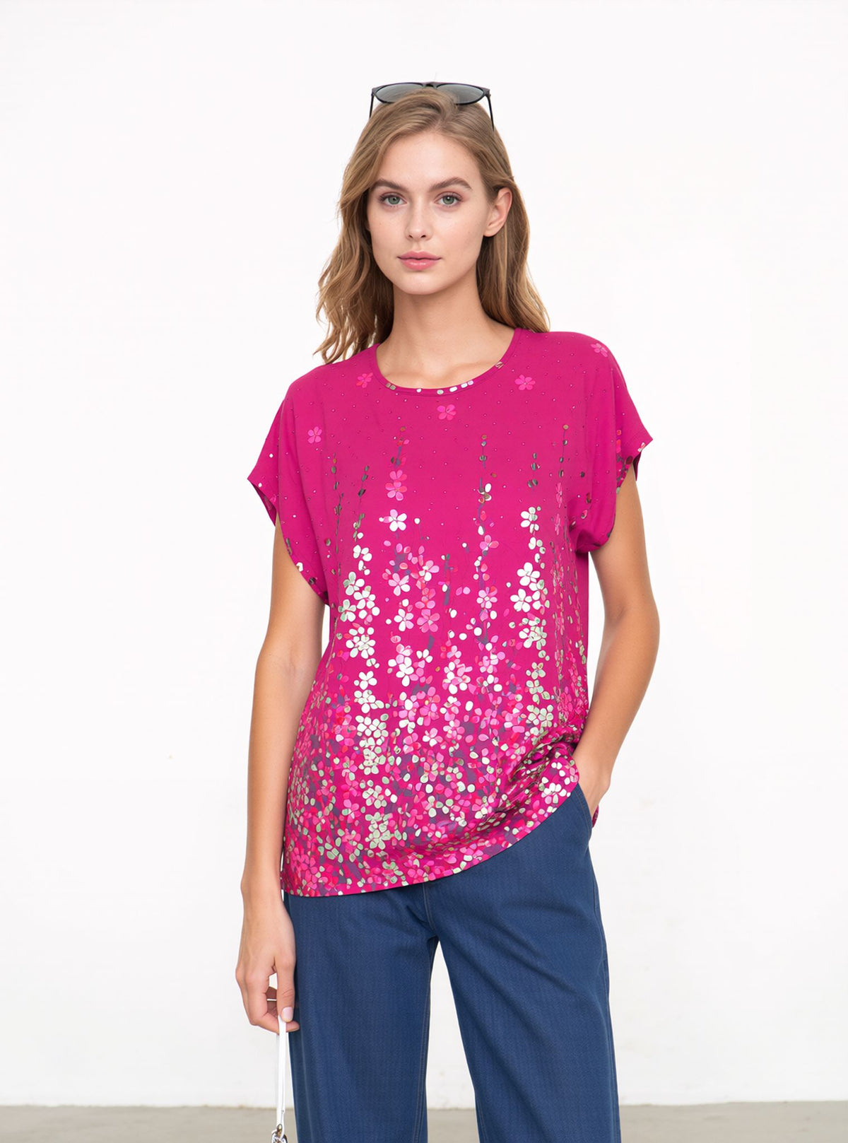 Pink Floral Print Oversized Blouse Lightweight Casual Summer Cotton Rich Top