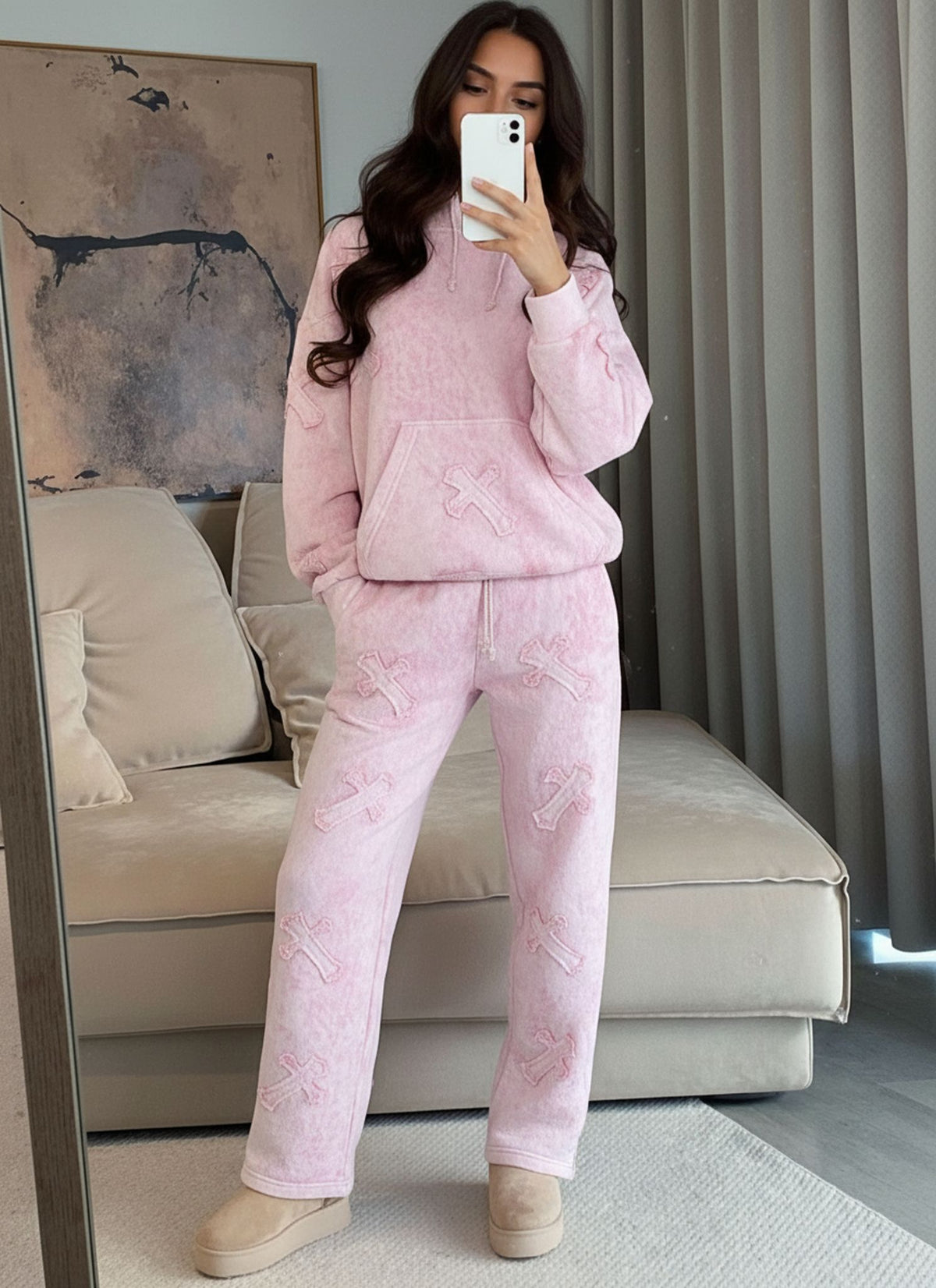 Pink Front & Back Cross Acid Wash Hooded Fleece Loungewear Co-ord Set