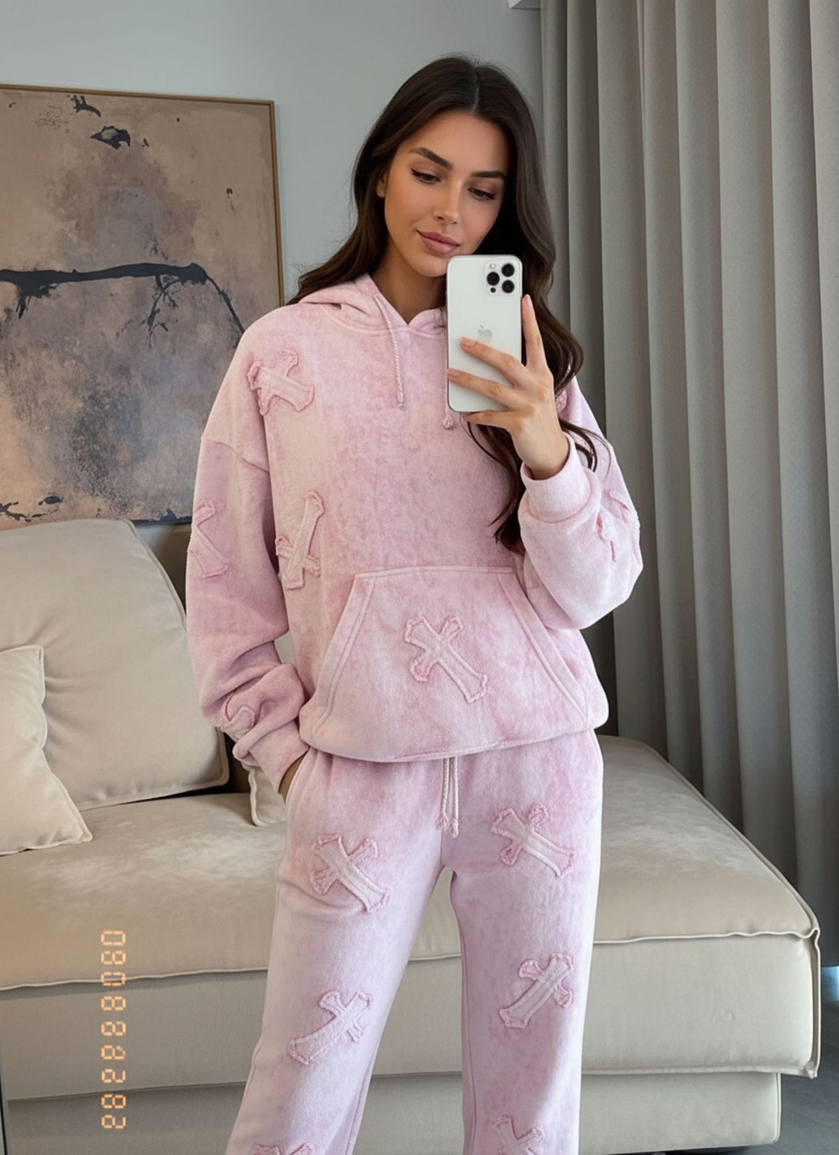 Pink Front & Back Cross Acid Wash Hooded Fleece Loungewear Co-ord Set