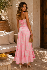 Pink Halterneck Cotton Maxi Dress Boho Summer Holiday Dress Sleeveless Occasion Dress