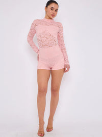 Pink Lace Detail High Neck Long Sleeves Bodycon Playsuit