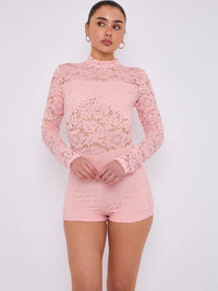 Pink Lace Detail High Neck Long Sleeves Bodycon Playsuit