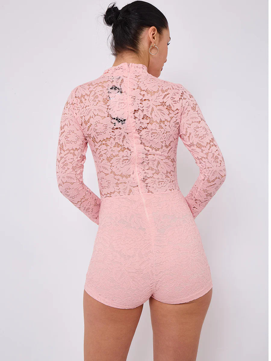 Pink Lace Detail High Neck Long Sleeves Bodycon Playsuit